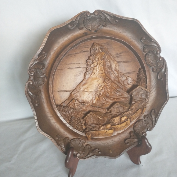 Mid Century "Matterhorn Zermatt Cervin" Carved 3D Resin Faux Wood Wall Art - Picture 8 of 15